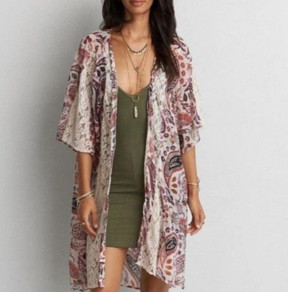 American Eagle Outfitters Paisley Kimono Warm Autumn Colors & Cream Lace SZ L-XL